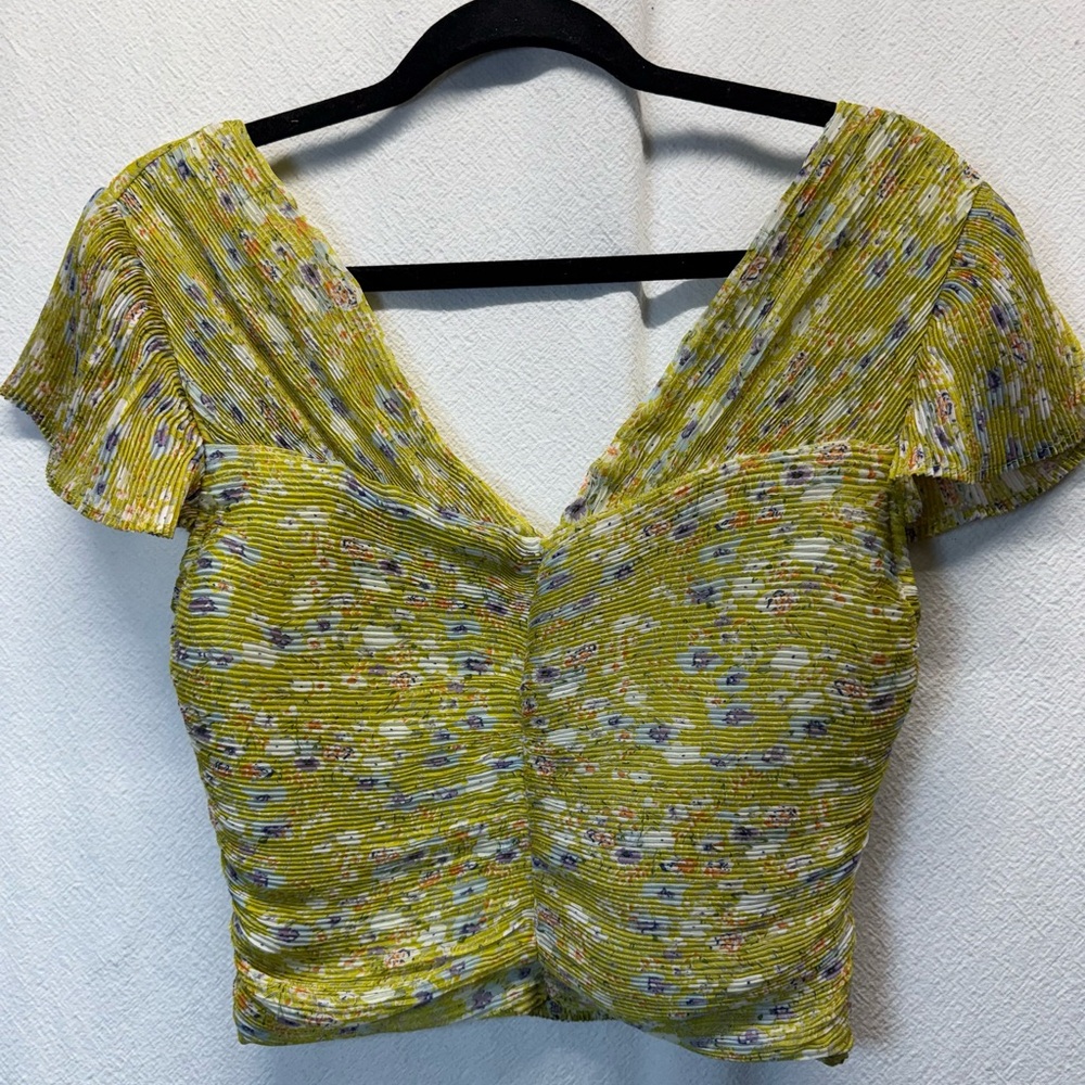 Forest Fairy Lime Green Floral V-Neck Smocked Crop Top Flutter Sleeves Earthcore